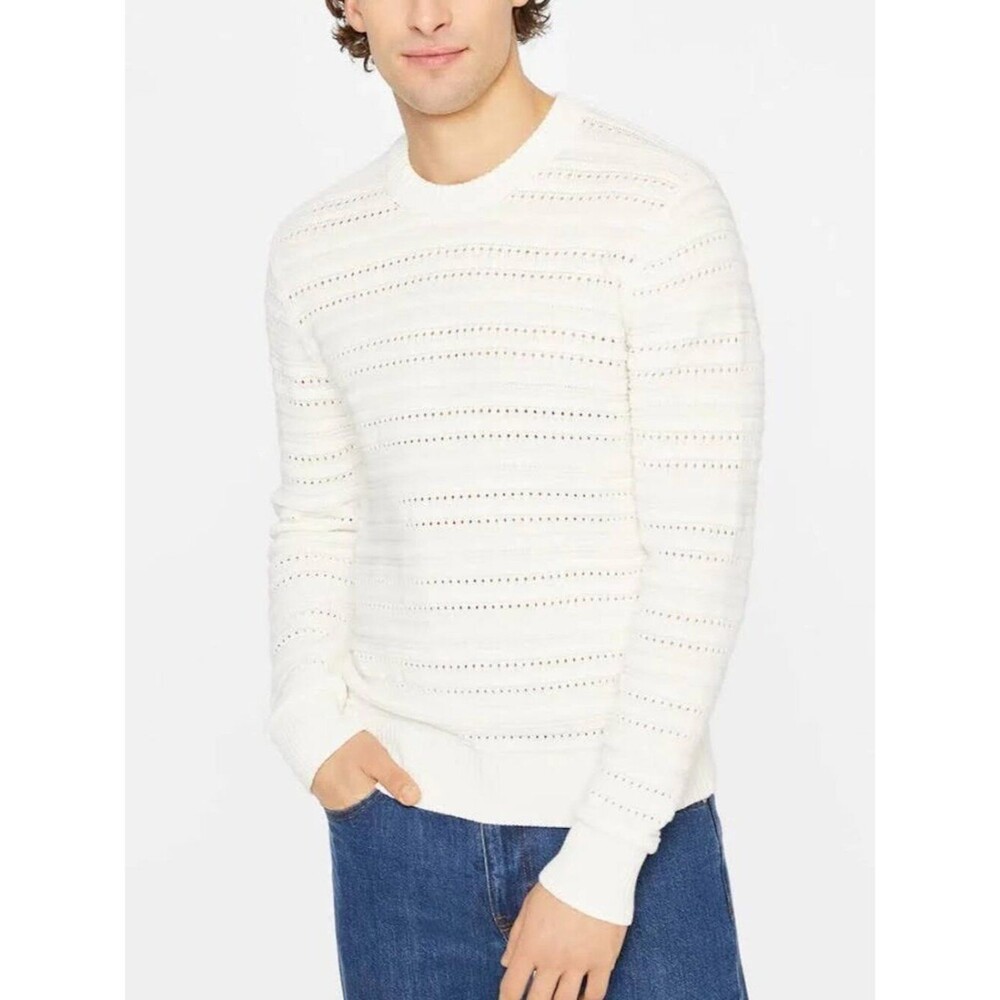 Club Monaco Links Texture Stripe Crew Sweater White Cotton Men’s Medium